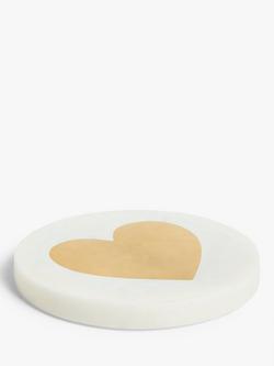 John Lewis White Marble Brass Heart Round Coaster - view 2, White/Brass