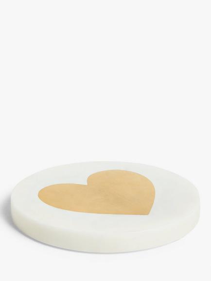 John Lewis White Marble Brass Heart Round Coaster - view 2, White/Brass