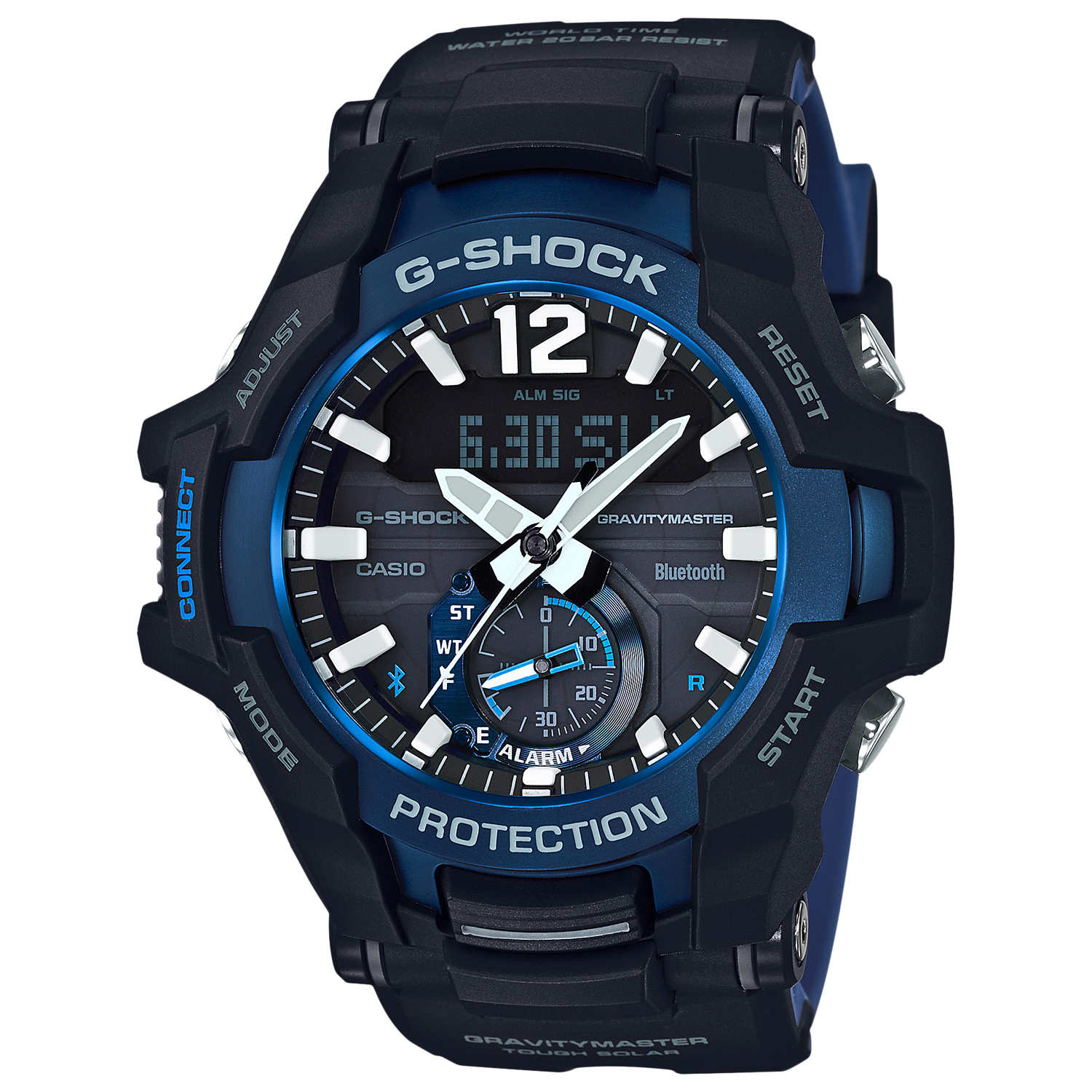 Casio GR-B100-1A2ER Men's G-Shock Gravity Master Bluetooth Resin Strap Watch, Black/Blue