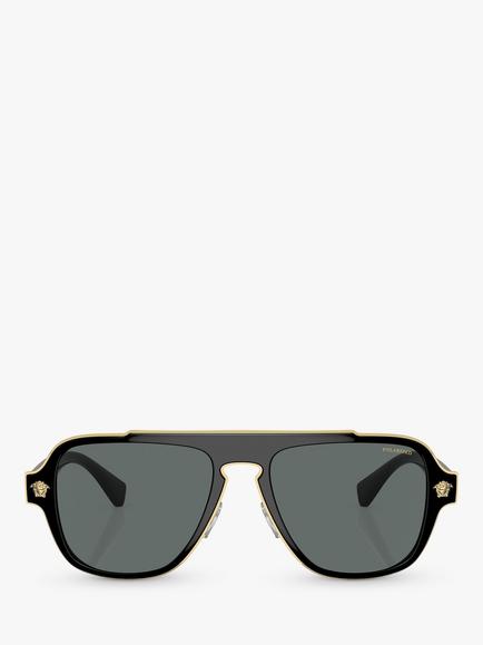 Versace VE2199 Men's Polarised Geometric Sunglasses, Black/Grey - view 2, Black/Grey