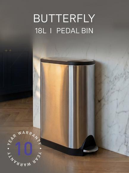 Simplehuman Butterfly Pedal Bin, Brushed Stainless Steel, 18L - view 2, Stainless Steel