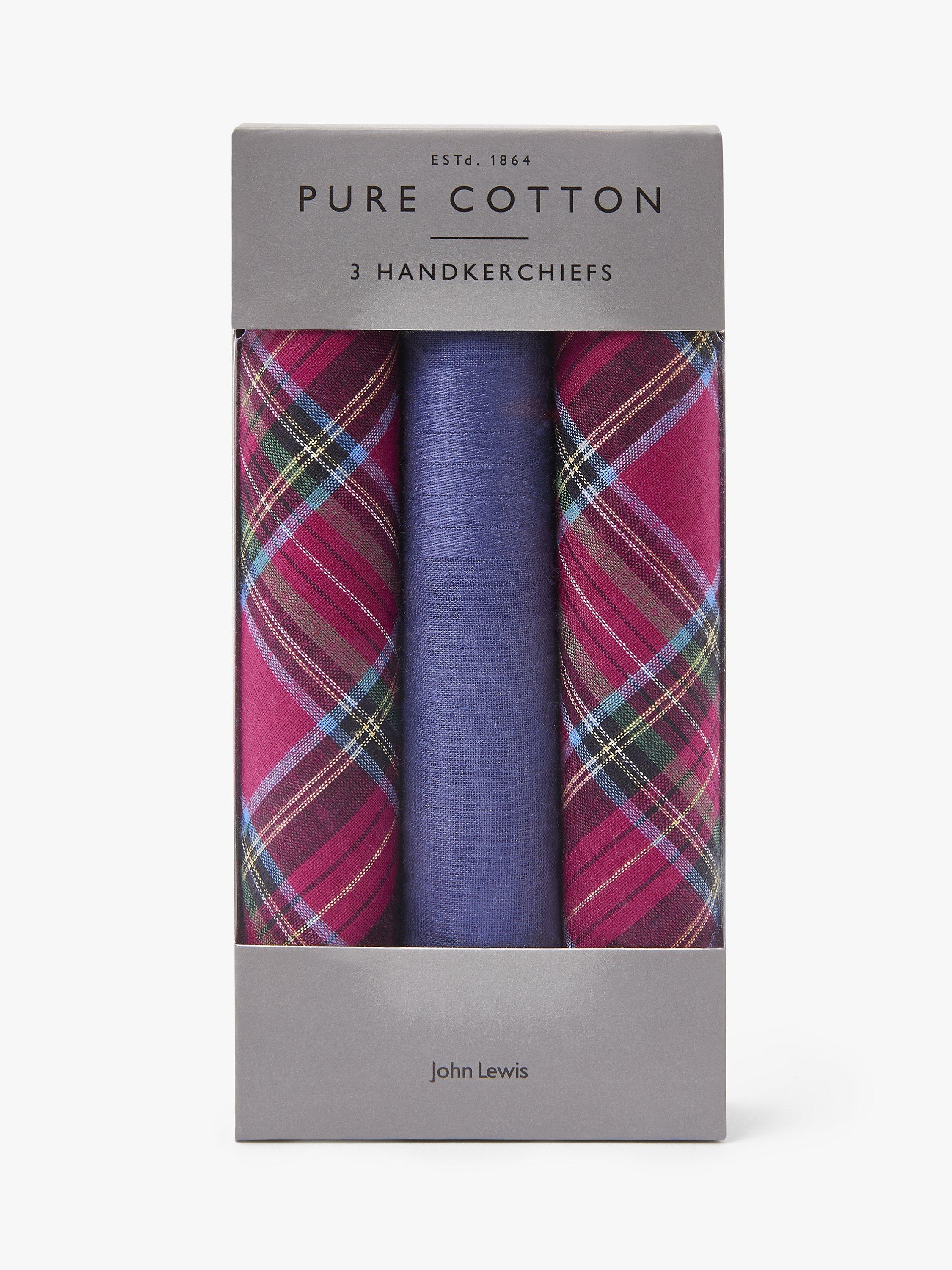 John Lewis Tartan Cotton Handkerchiefs, Pack of 3, Blue/Purple