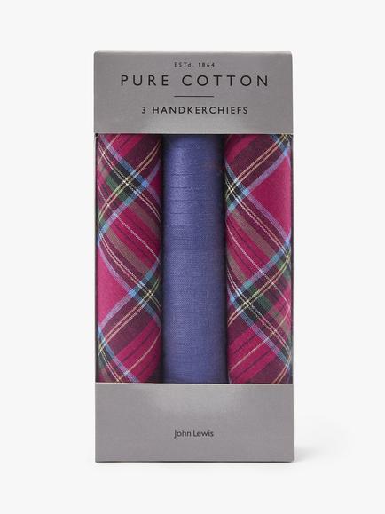 John Lewis Tartan Cotton Handkerchiefs, Pack of 3, Blue/Purple, Blue/Purple