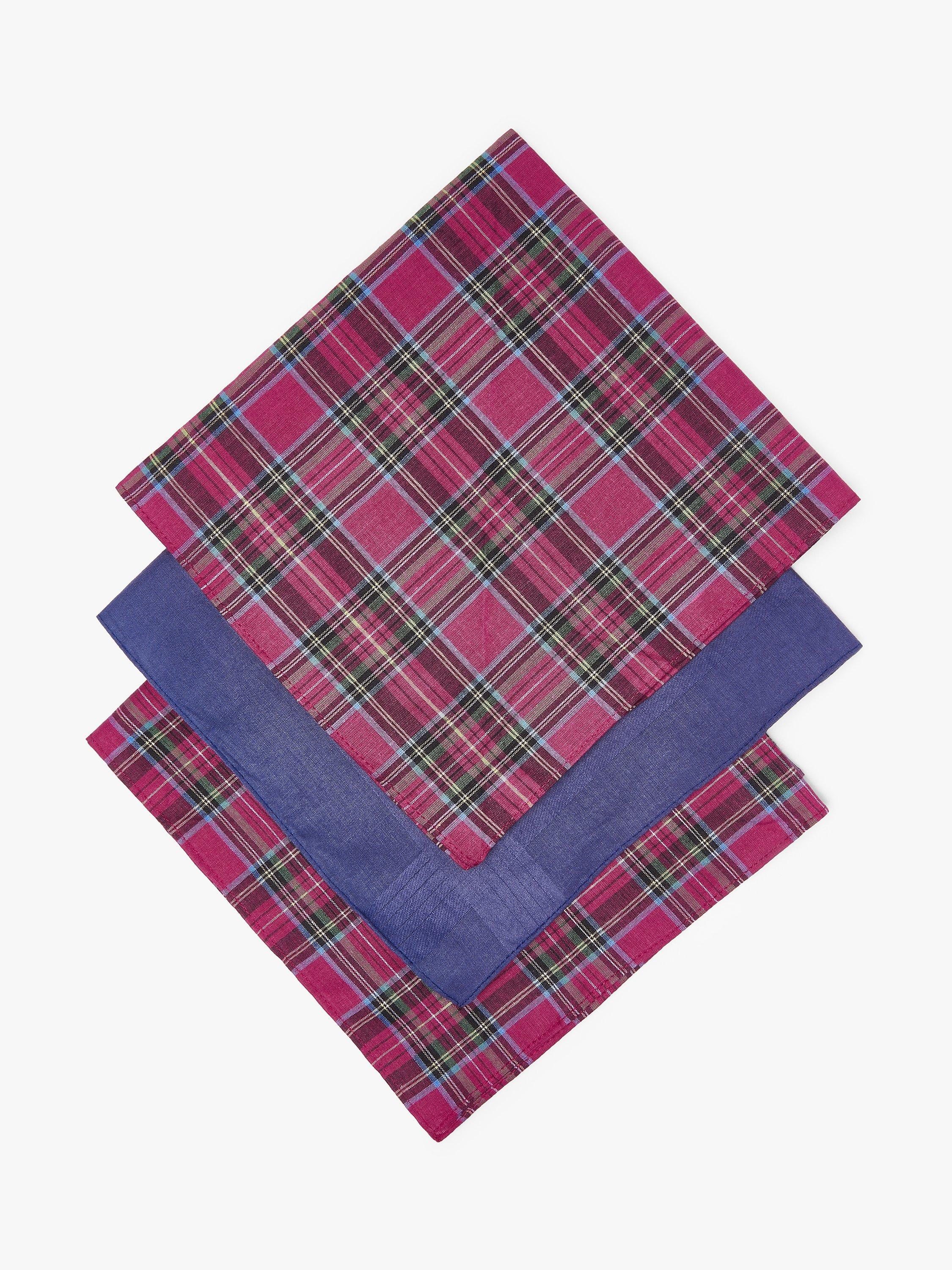 Product image 2 of 3, which shows John Lewis Tartan Cotton Handkerchiefs, Pack of 3, Blue/Purple