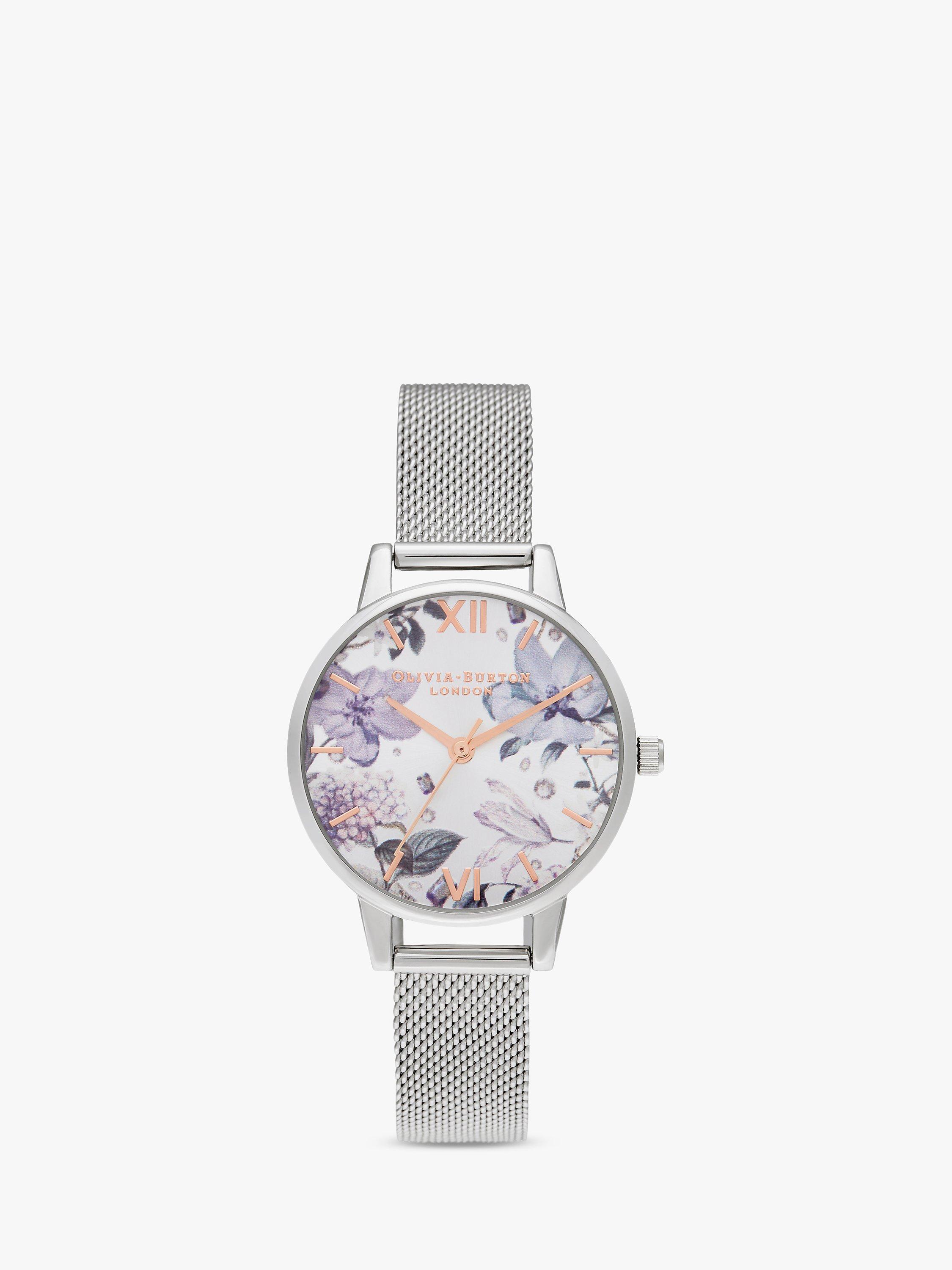 Olivia Burton Women's Bejewelled Florals Mesh Bracelet Strap Watch, Silver/Multi OB16BF26