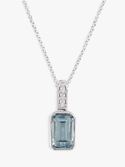 E.W Adams 9ct White Gold Aquamarine and Diamond Pendant Necklace, Silver/Blue