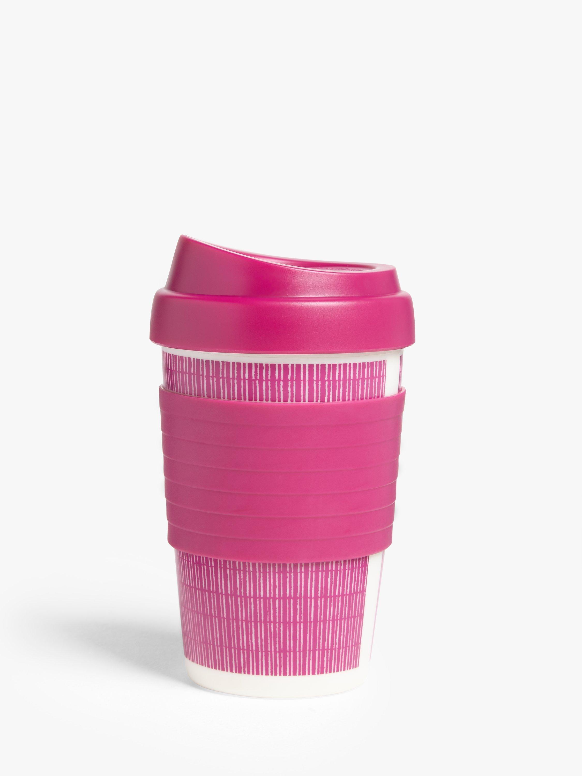 John Lewis & Partners Striped Plastic Reusable Travel Cup, 340ml, Pink