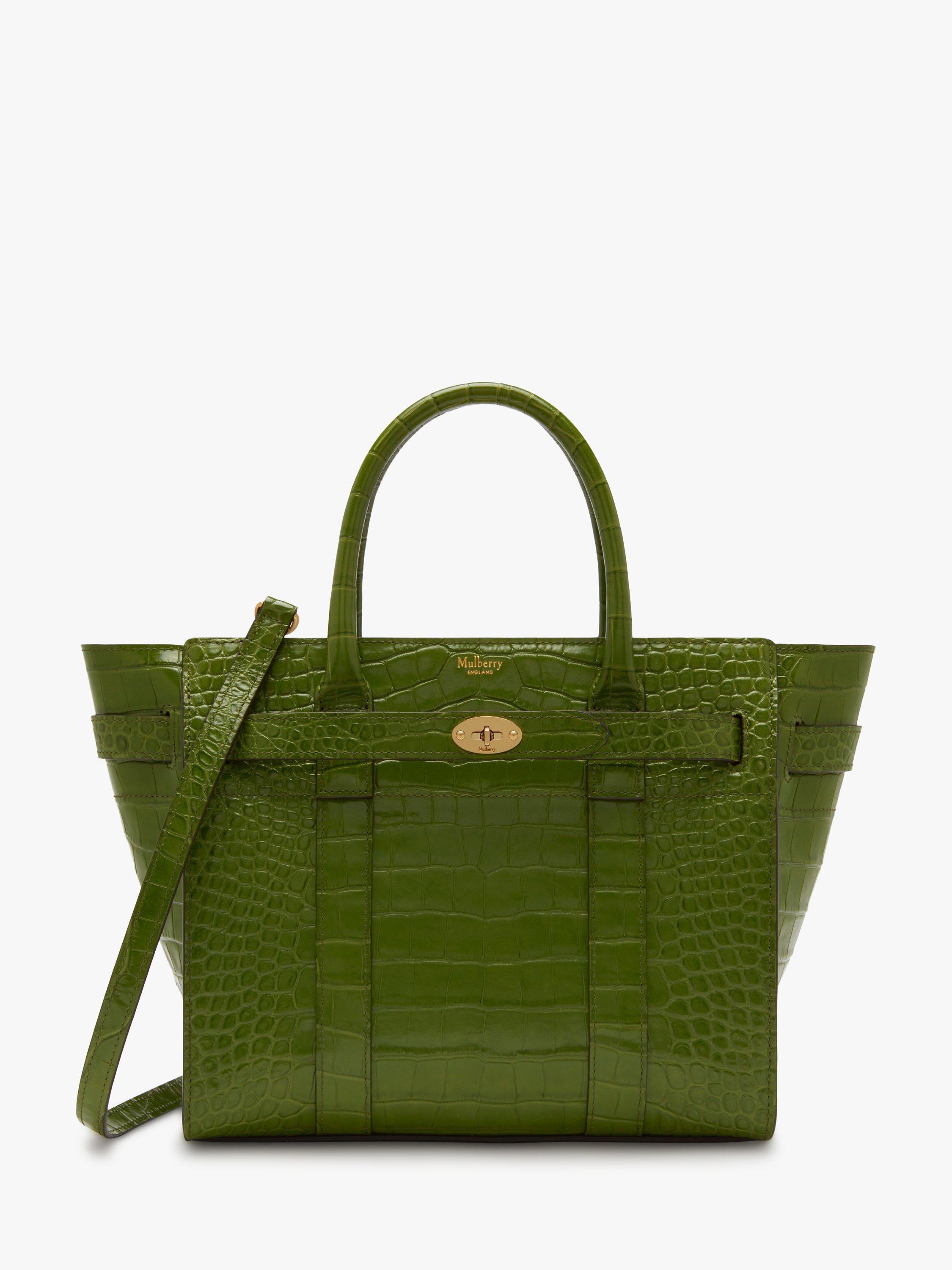 Mulberry Small Bayswater Zipped Croc Embossed Leather Bag, Dark Olive