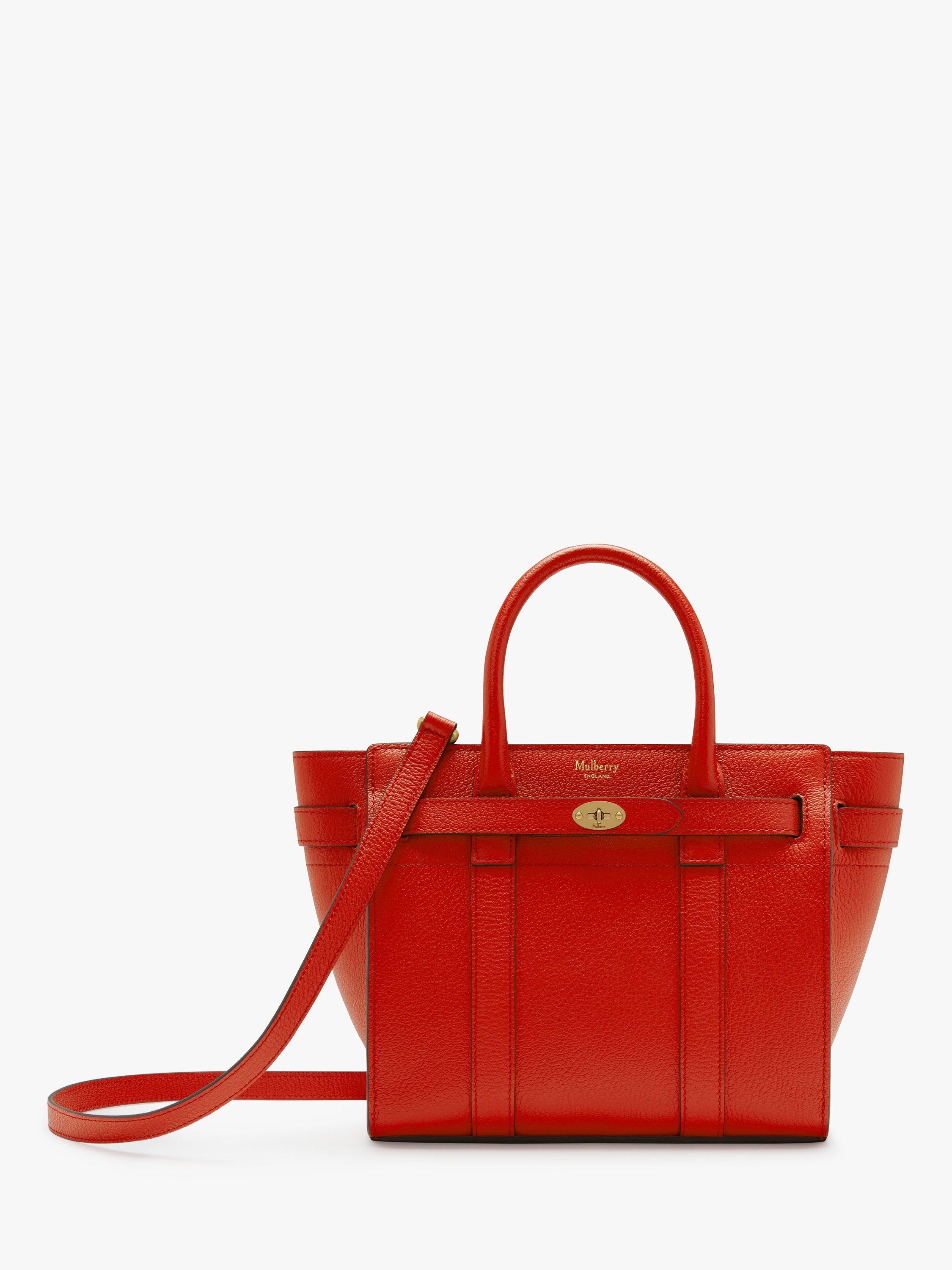 Mulberry Mini Bayswater Zipped Classic Grain Leather Tote Bag, Hibiscus Red