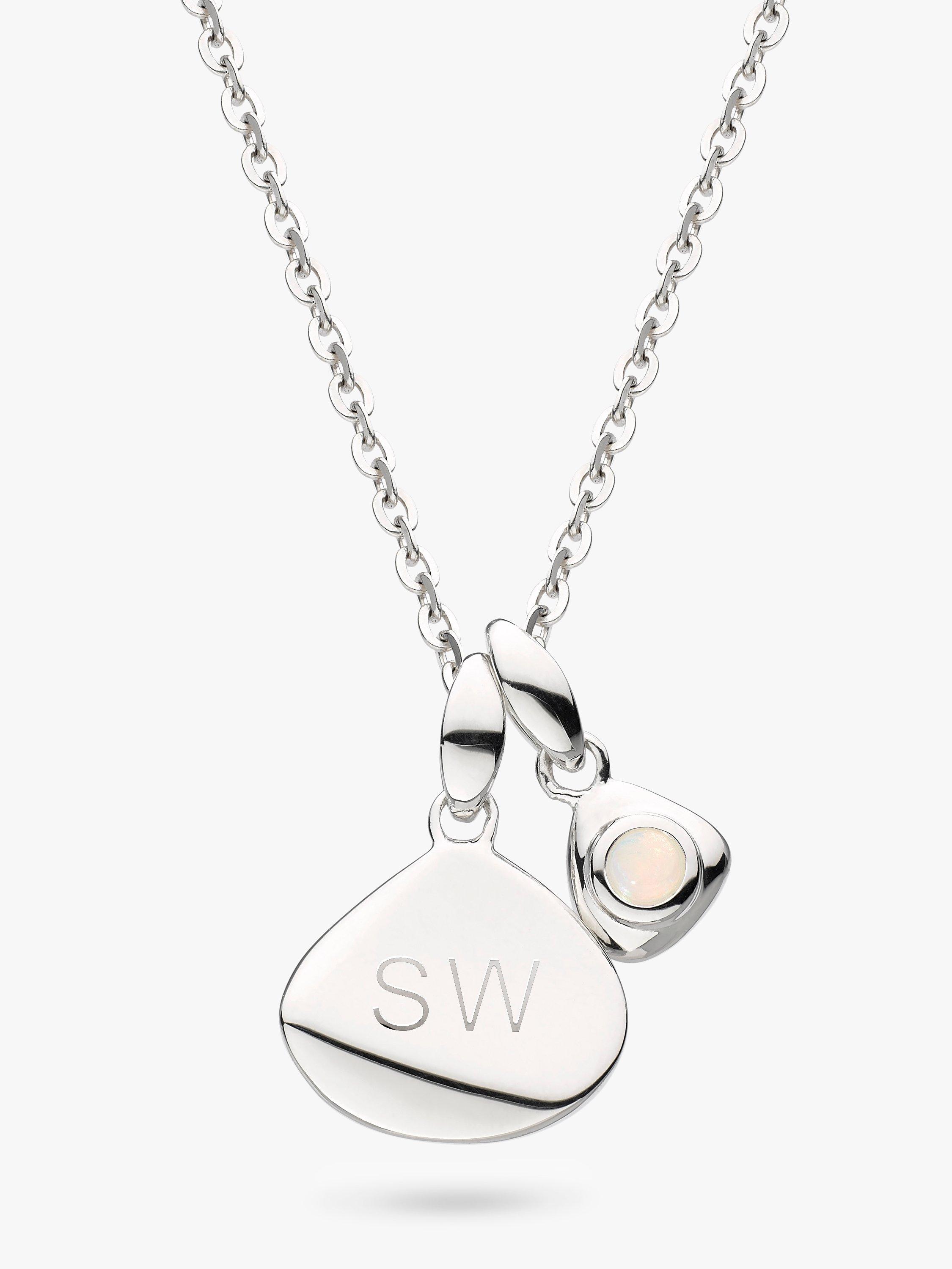 Product image 1 of 3, which shows Kit Heath Personalised Sterling Silver Pebble and Tag Birthstone Pendant Necklace, White Opal/October