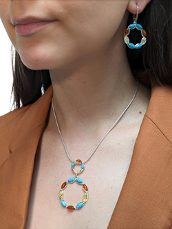 Be-Jewelled Turquoise and Amber Circle Drop Earrings, Silver/Multi - view 2, Silver/Multi