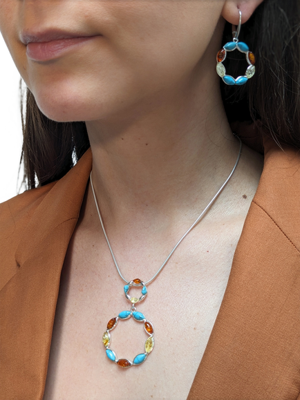 Be-Jewelled Turquoise and Amber Circle Drop Earrings, Silver/Multi - view 2, Silver/Multi