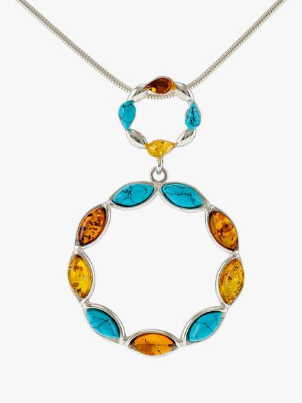 Be-Jewelled Turquoise and Amber Circle Pendant Necklace, Silver/Multi, Silver/Multi