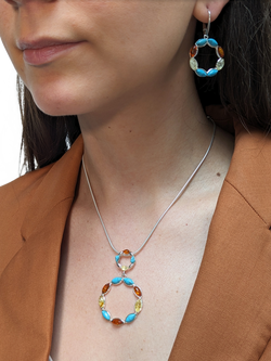 Be-Jewelled Turquoise and Amber Circle Pendant Necklace, Silver/Multi - view 2, Silver/Multi