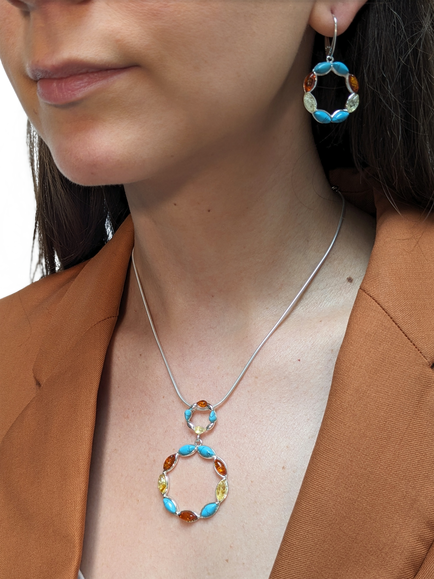 Be-Jewelled Turquoise and Amber Circle Pendant Necklace, Silver/Multi - view 2, Silver/Multi