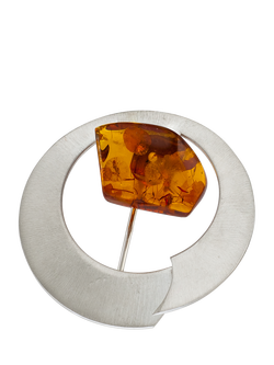 Be-Jewelled Brushed Baltic Amber Round Brooch, Silver/Cognac, Cognac Amber