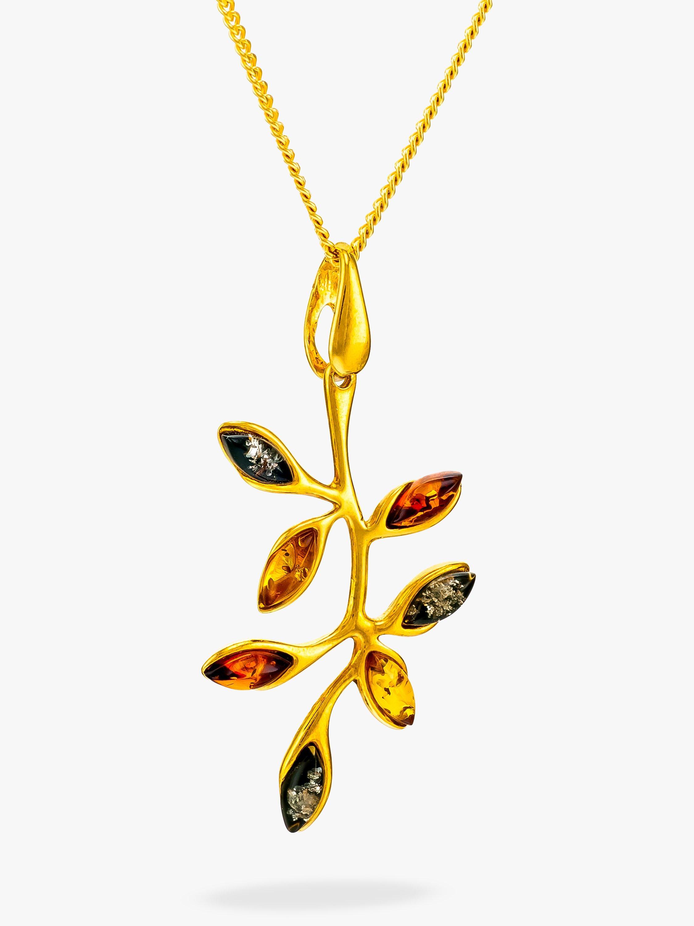 Product image 1 of 5, which shows Be-Jewelled Baltic Amber Autumn Leaf Pendant Necklace, Gold/Multi