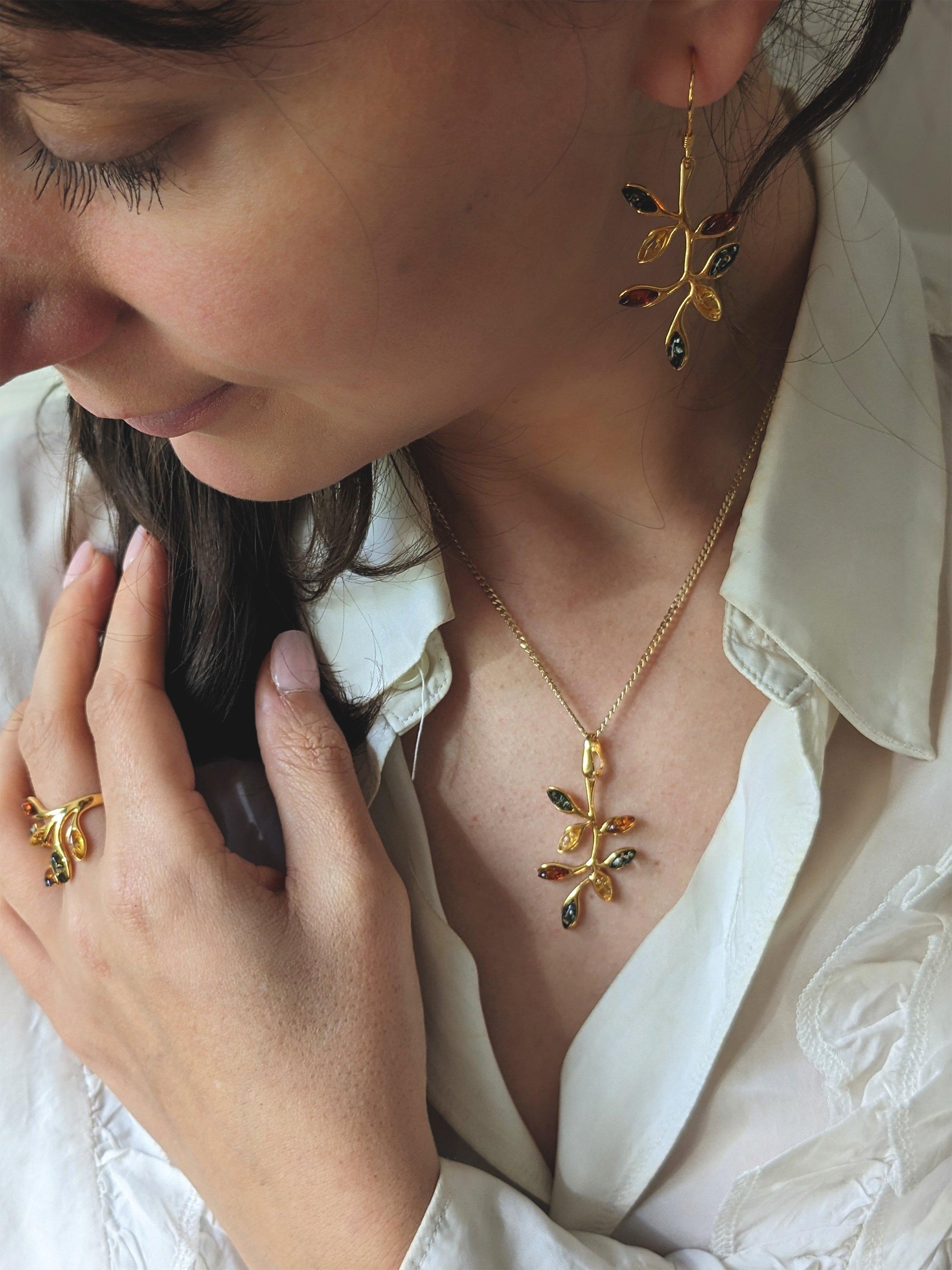 Product image 2 of 5, which shows Be-Jewelled Baltic Amber Autumn Leaf Pendant Necklace, Gold/Multi