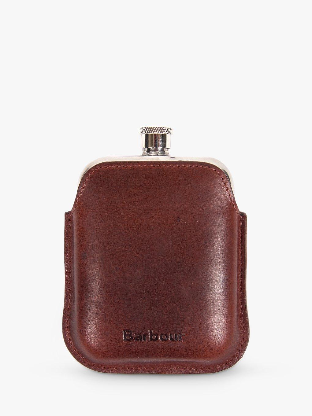 Barbour Stainless Steel Hip Flask and Leather Case Brown