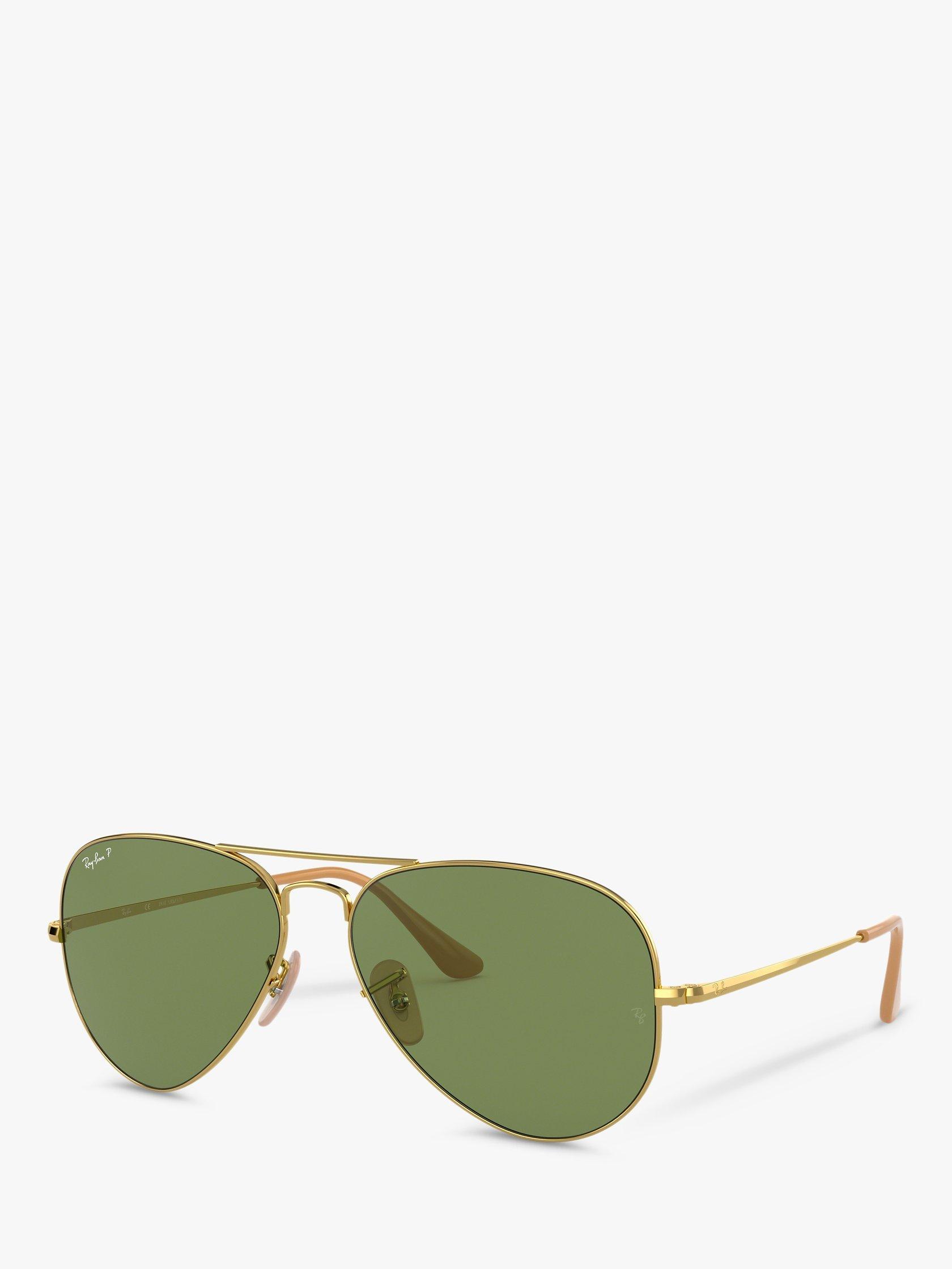 Ray-Ban RB3689 Women's Polarised Aviator Sunglasses, Gold/Green
