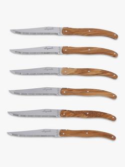 Laguiole Stainless Steel Steak Knives & Filled Knife Block, Set of 6, Olive Wood, Olive Wood