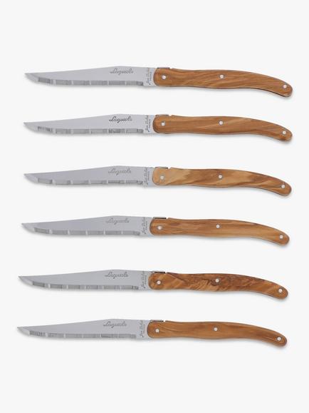 Laguiole Stainless Steel Steak Knives & Filled Knife Block, Set of 6, Olive Wood, Olive Wood