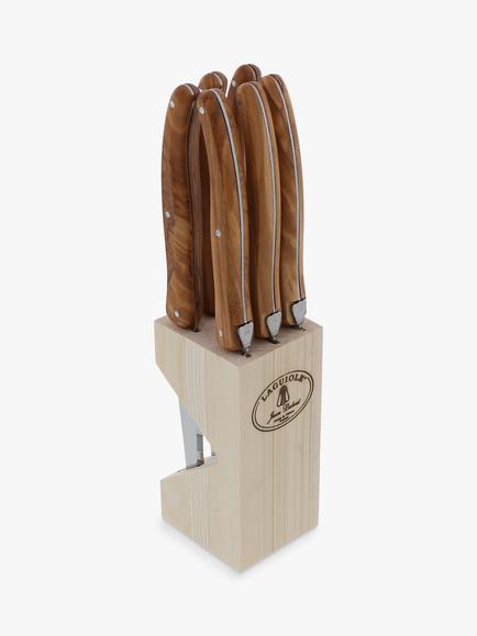 Laguiole Stainless Steel Steak Knives & Filled Knife Block, Set of 6, Olive Wood - view 2, Olive Wood