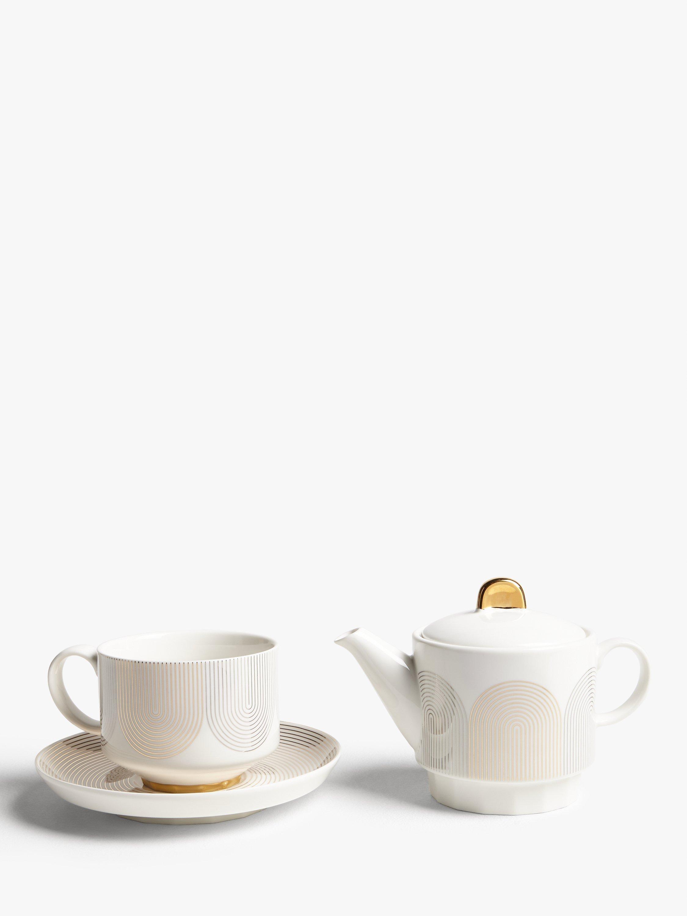 John Lewis & Partners Fine China Tea For One Teapot, Cup & Saucer, Gold/White, 330ml