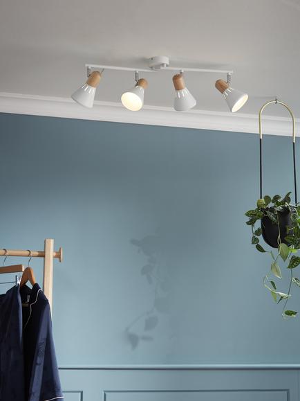 John Lewis SES LED 4 Spotlight Ceiling Bar, White/Wood, White/Wood
