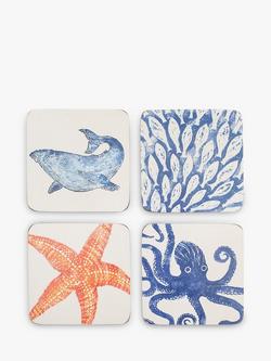 BlissHome Creatures Cork-Backed Sealife Coasters, Set of 4, Assorted, Blue/Orange, Blue/Orange