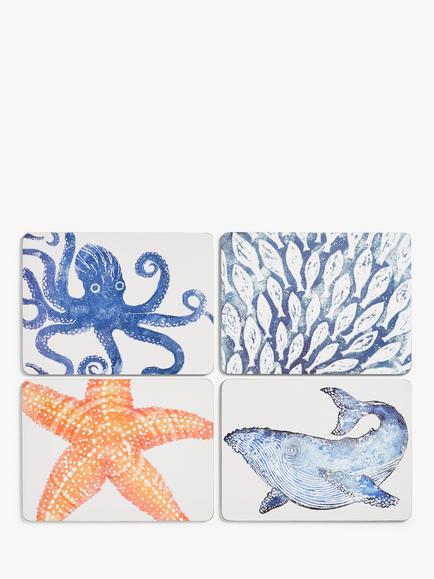 BlissHome Creatures Cork-Backed Sealife Placemats, Set of 4, Assorted, Blue/Orange, Blue/Orange