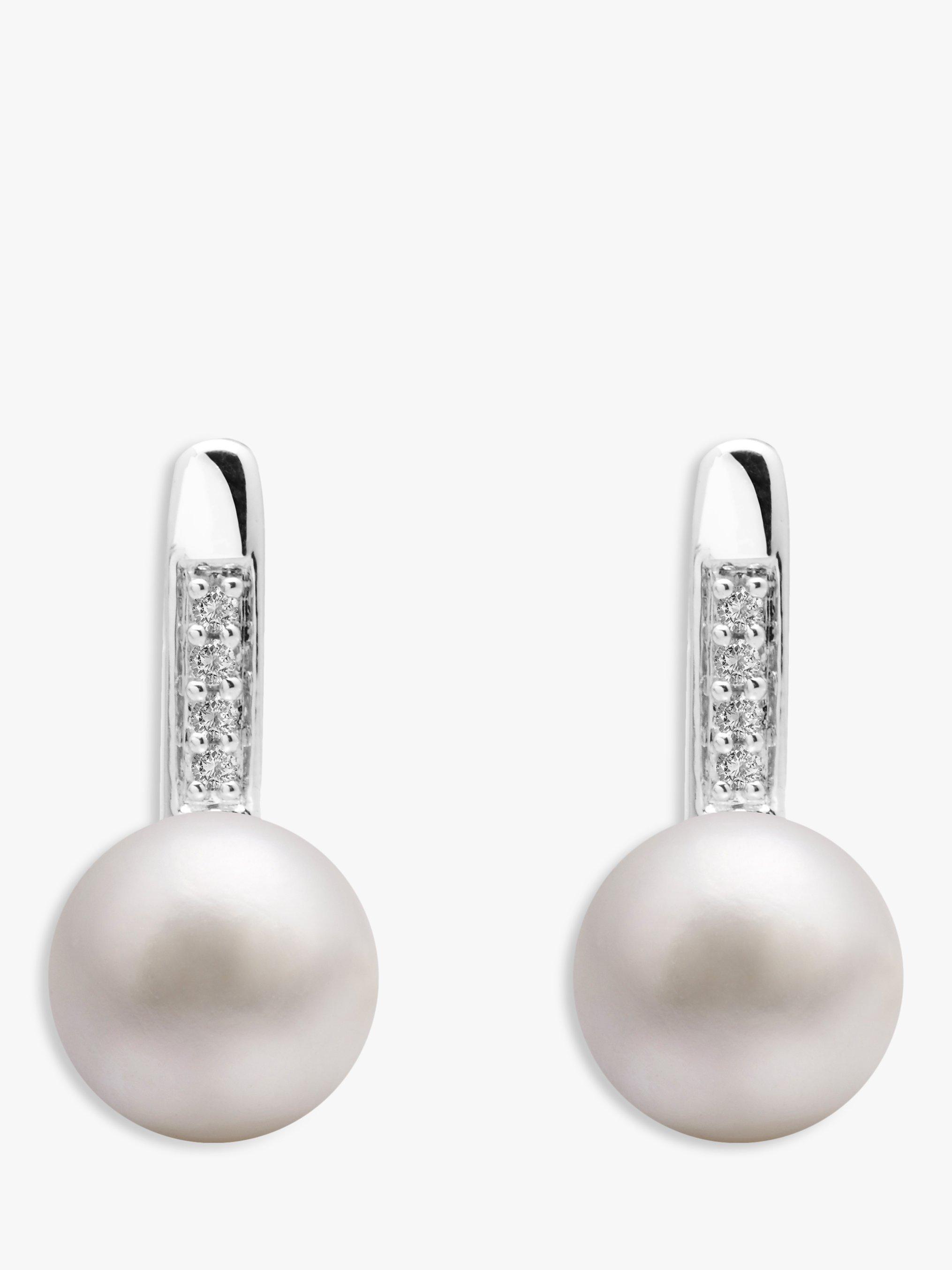 Product image 1 of 3, which shows E.W Adams 9ct White Gold Freshwater Pearl Diamond Drop Earrings