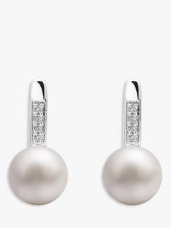 E.W Adams 9ct White Gold Freshwater Pearl Diamond Drop Earrings, Silver/White