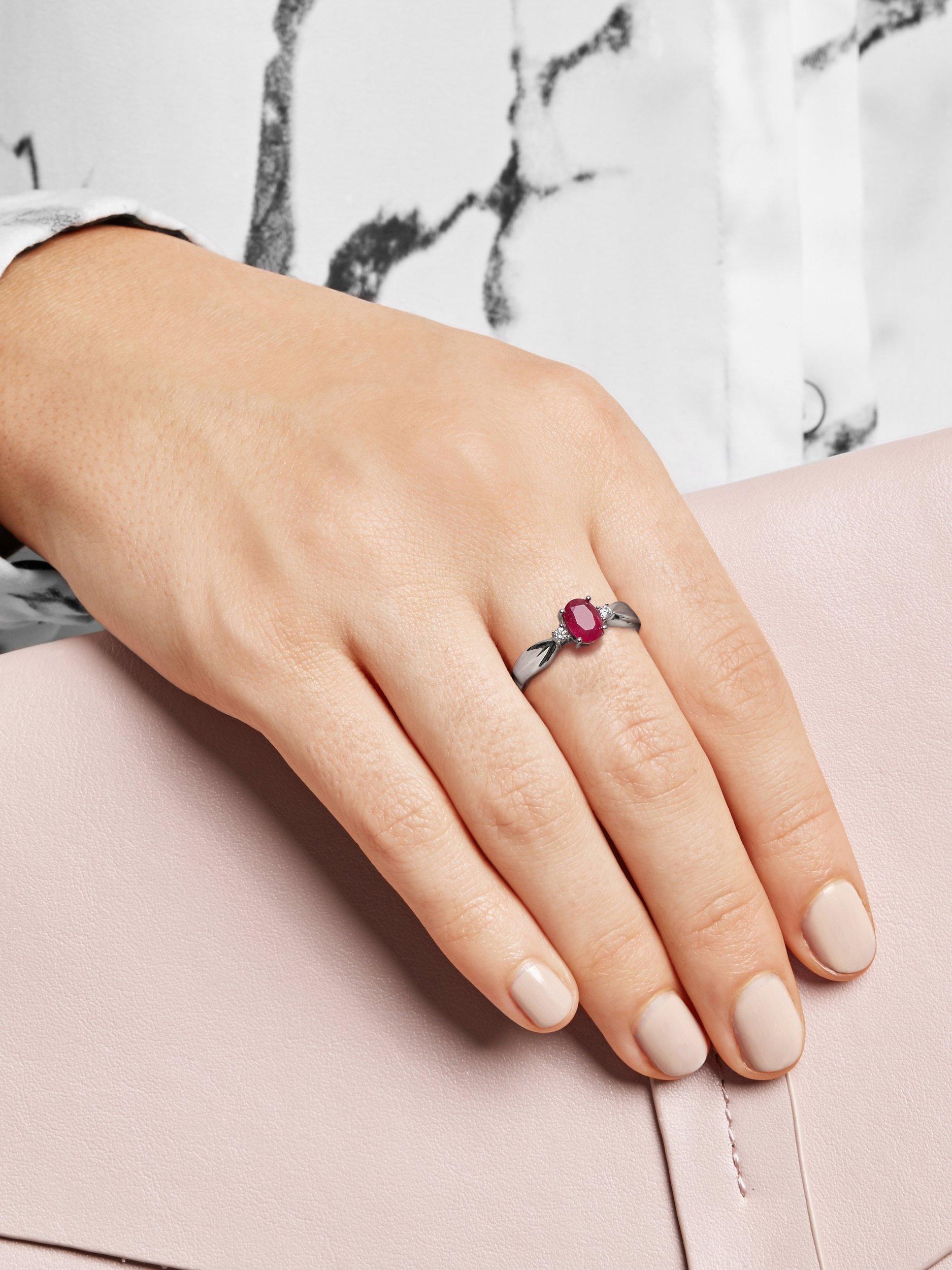 Product image 2 of 3, which shows E.W Adams 9ct White Gold Oval Ruby and Diamond Shoulder Ring