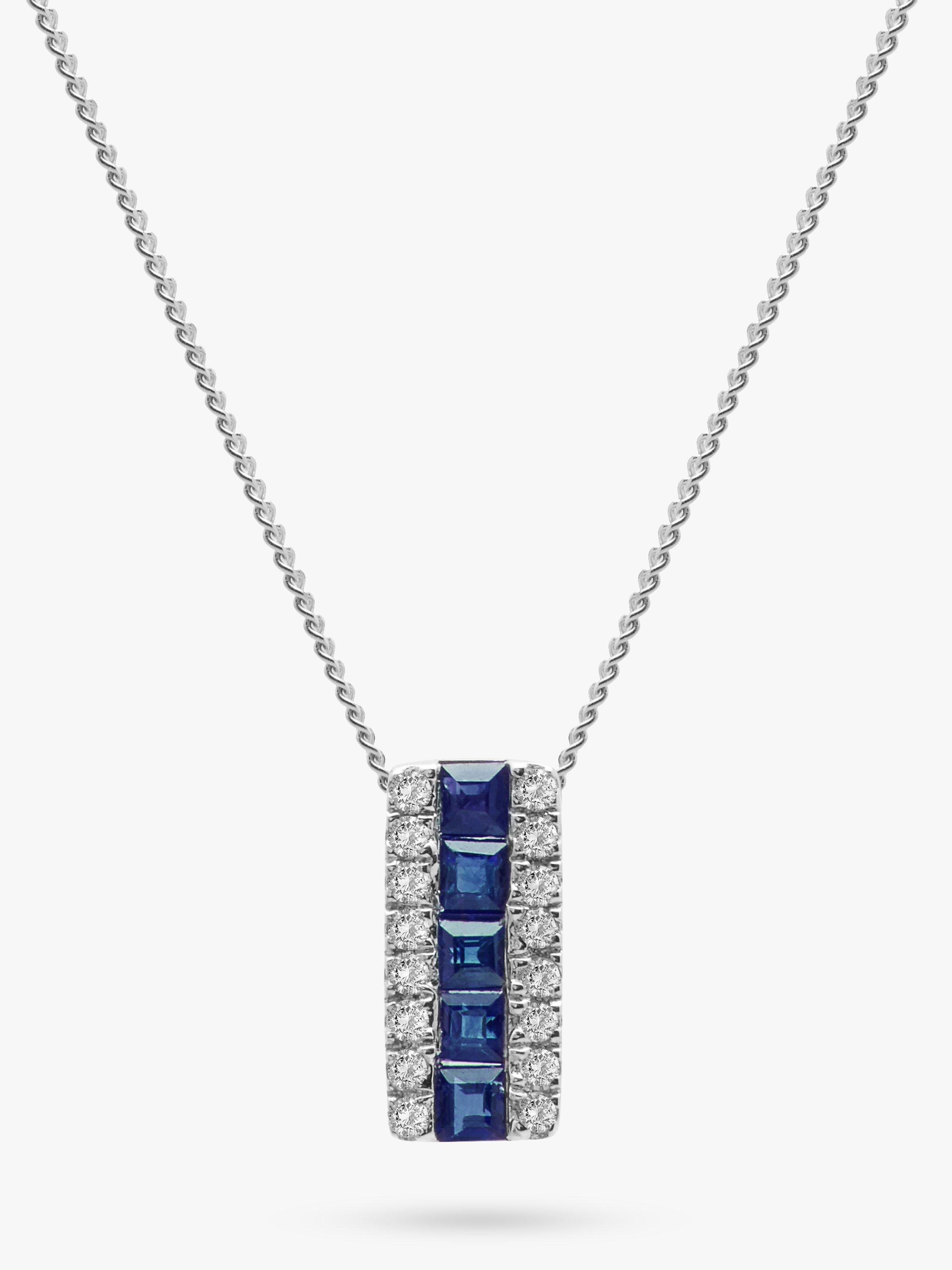 E.W Adams 9ct White Gold Diamond and Sapphire Rectangular Pendant Necklace