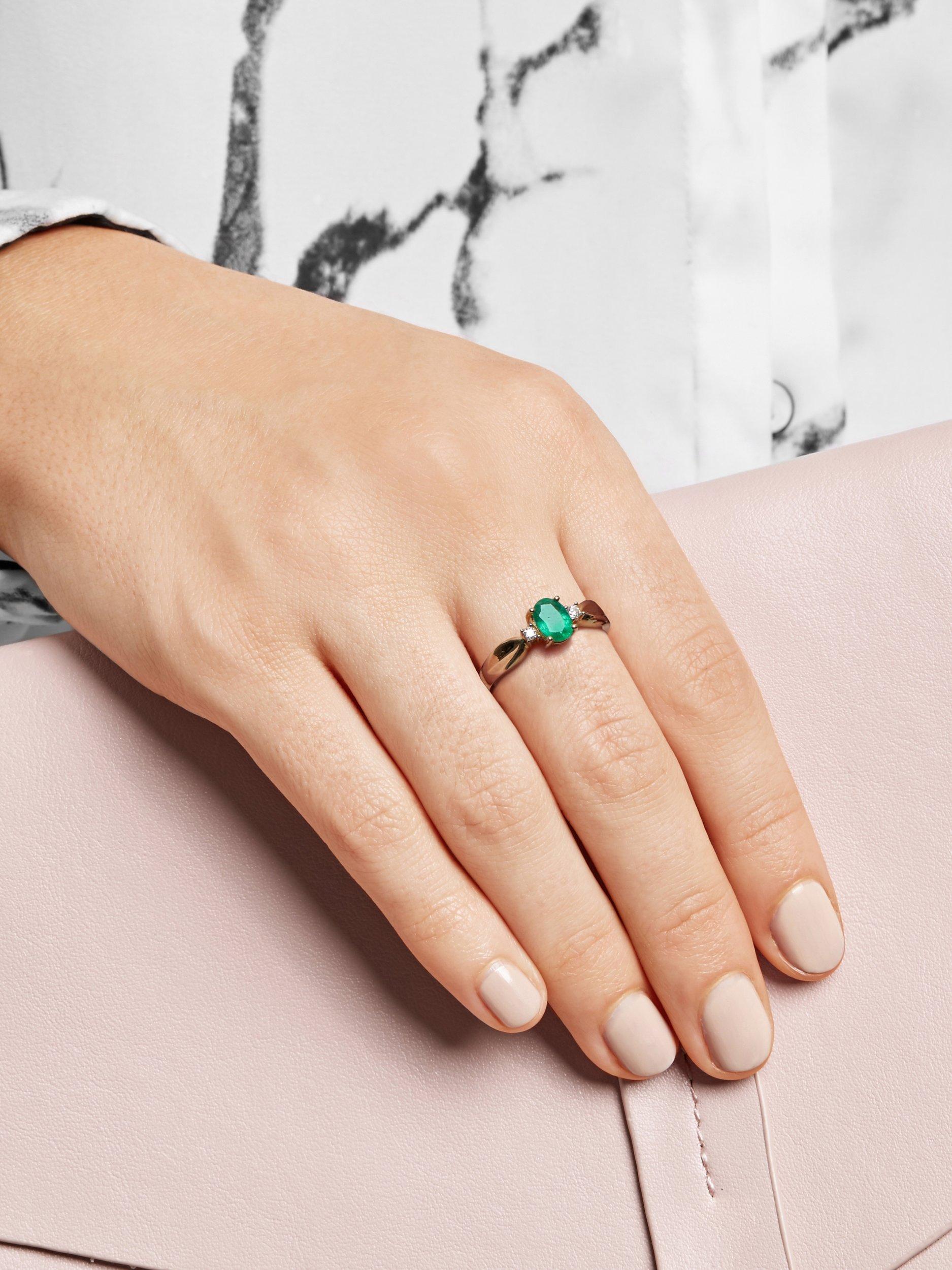 Product image 2 of 3, which shows E.W Adams 9ct Gold Oval Emerald and Diamond Shoulder Ring