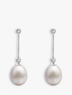 E.W Adams 9ct White Gold Freshwater Pearl and Diamond Chain Drop Earrings, Silver