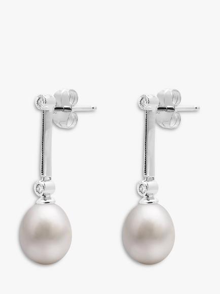 E.W Adams 9ct White Gold Freshwater Pearl and Diamond Chain Drop Earrings - view 2, Silver