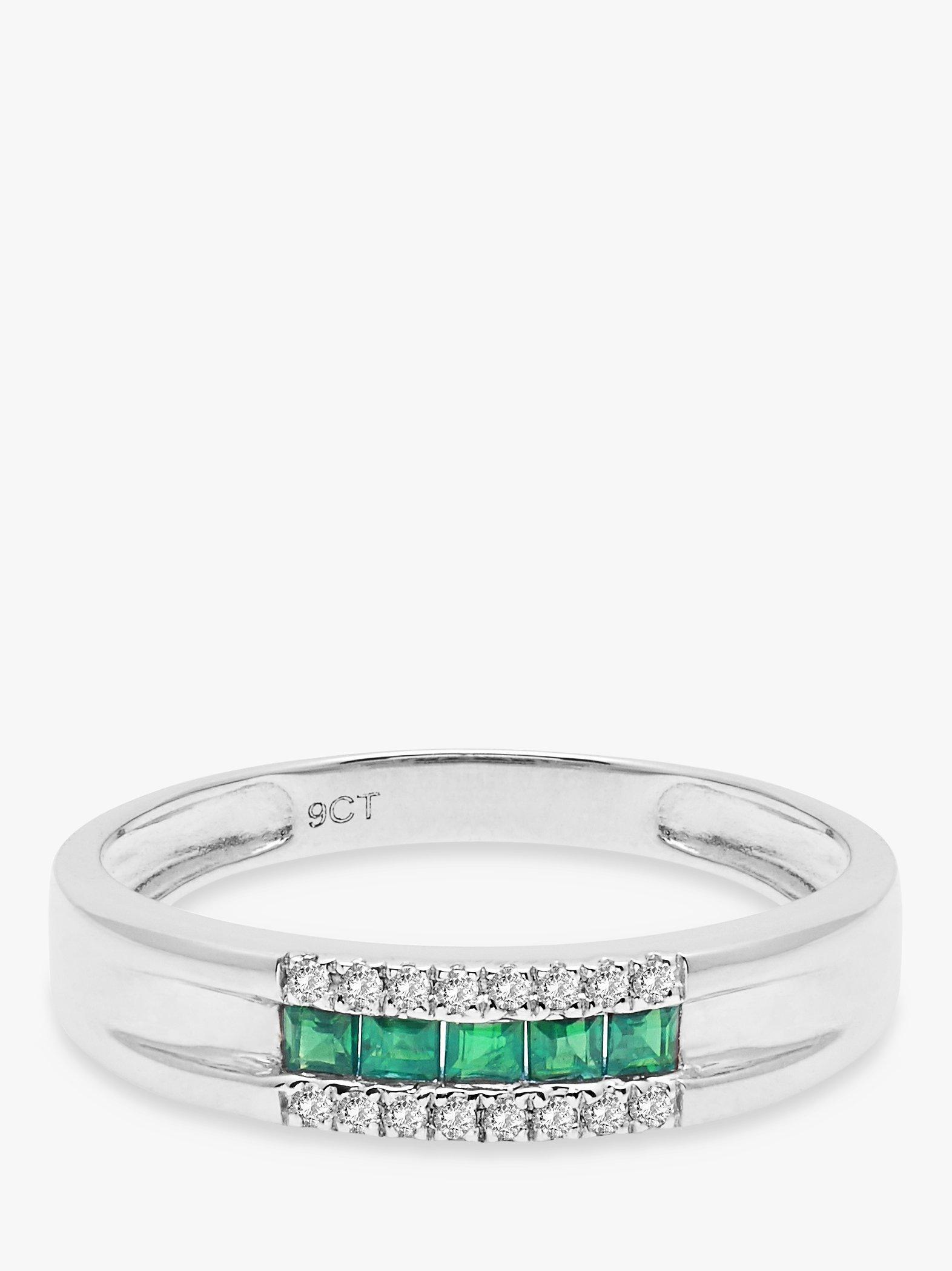 E.W Adams 9ct White Gold Diamond and Emerald Curve Ring