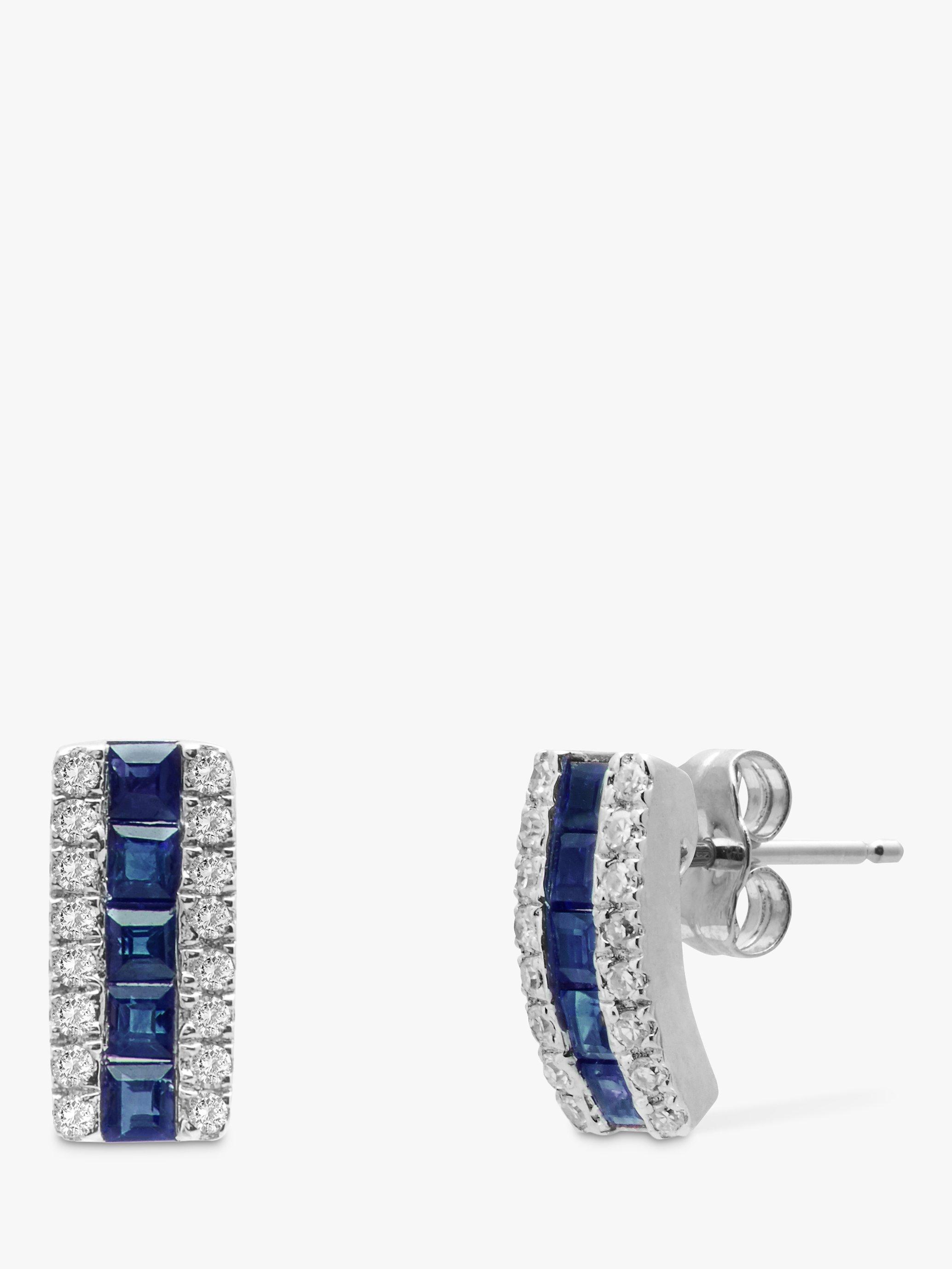E.W Adams 9ct White Gold Diamond and Sapphire Curve Stud Earrings