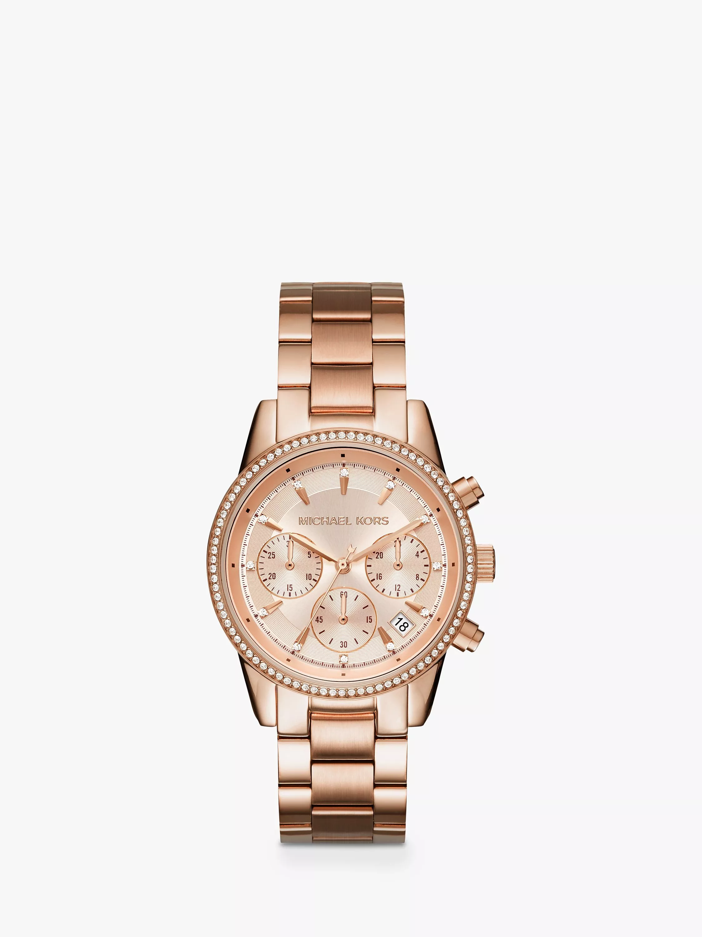 Michael Kors Women s Ritz Crystal Date Chronograph Bracelet Strap Watch Rose Gold MK6357