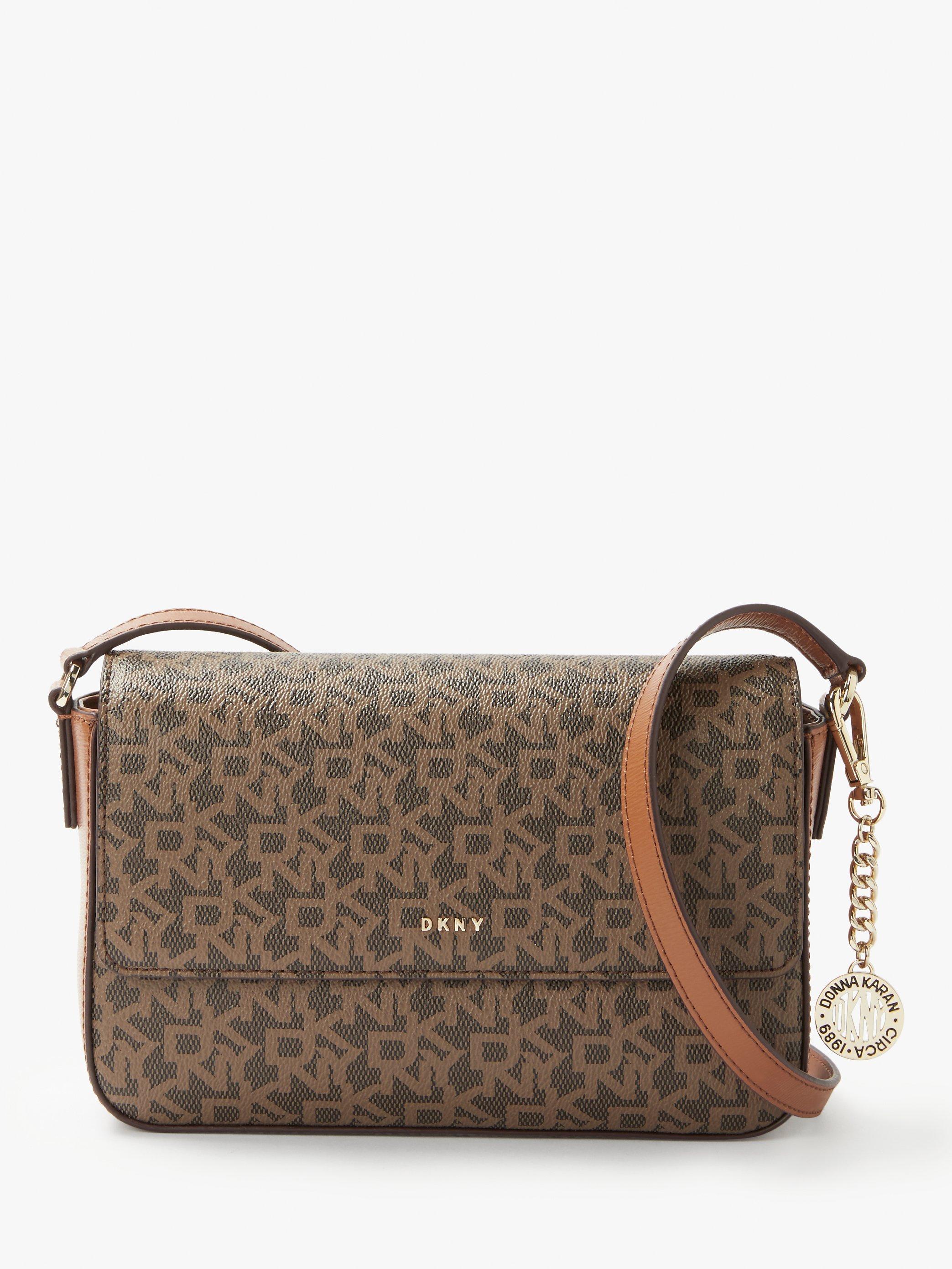 DKNY Bryant Leather Logo Medium Flap Cross Body Bag, Mocha/Driftwood
