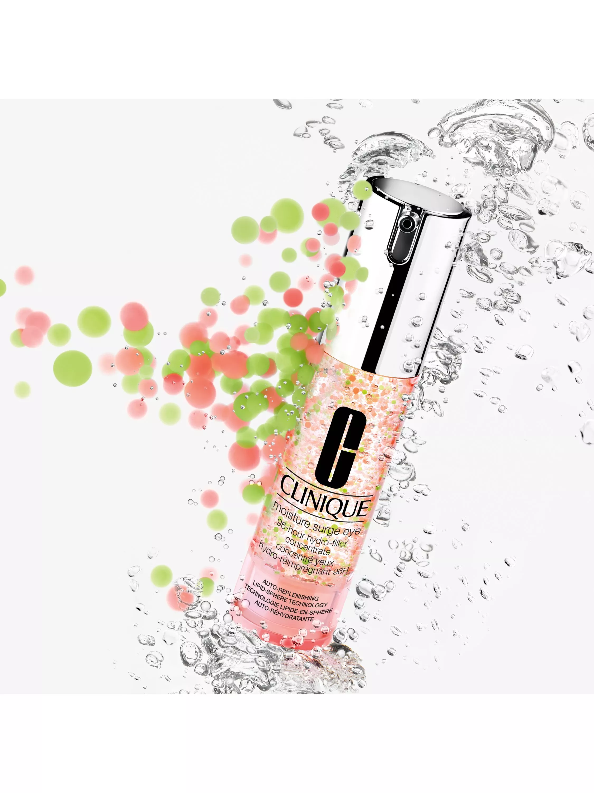 Clinique Moisture Surge Eye 96-Hour Hydro-Filler Concentrate bottle with water splash and colourful spheres.