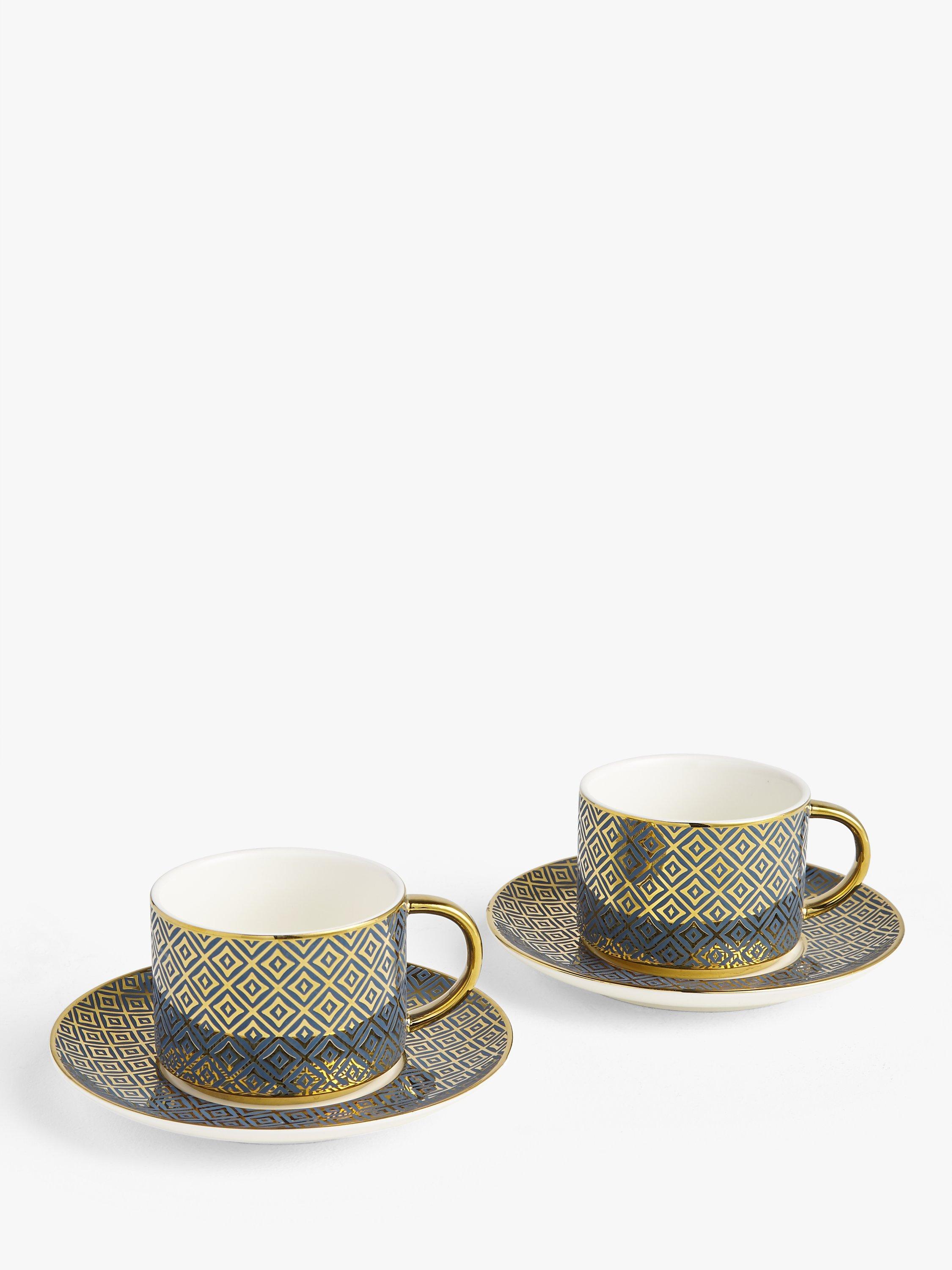 John Lewis & Partners The Arts Tea Cups & Saucers, Set of 2, 220ml, Teal/Gold