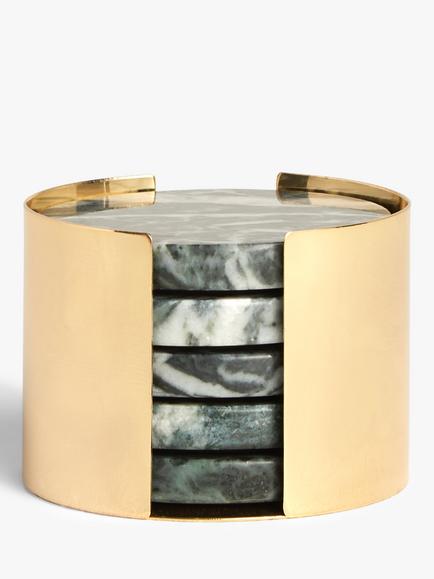John Lewis Round Marble Coasters & Gold Holder, Set of 5, Green, Green