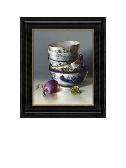 Brookpace Lascelles 'Stacked China With Plum' Framed Canvas, 25 x 20cm, Blue/Multi, Blue/Multi