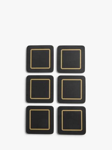 John Lewis Cork-Backed Classic Coasters, Set of 6, Black/Gold, Black With Gold