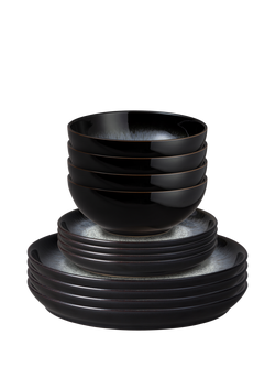 Denby Halo Stoneware Coupe Dinnerware Set, 12 Piece, Black/Multi, Black/Multi