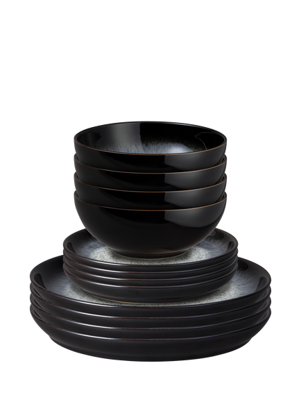 Denby Halo Stoneware Coupe Dinnerware Set, 12 Piece, Black/Multi, Black/Multi