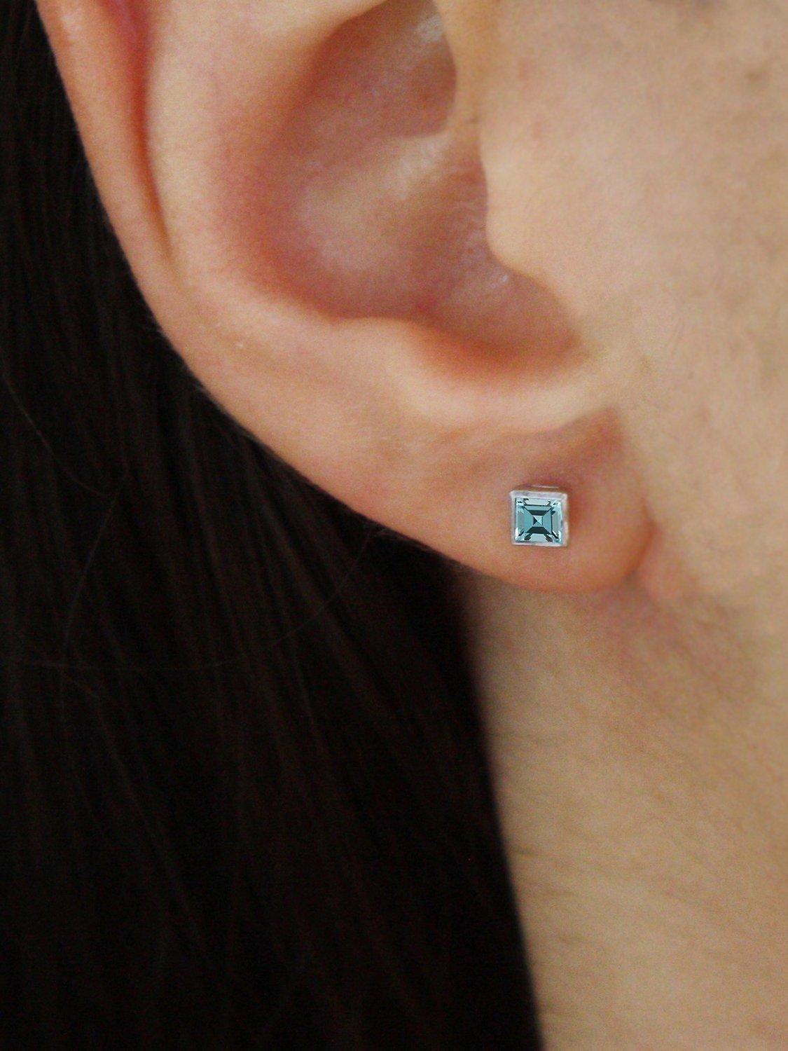 Product image 3 of 4, which shows E.W Adams 9ct Gold Princess Cut Stone Square Stud Earrings, Aquamarine